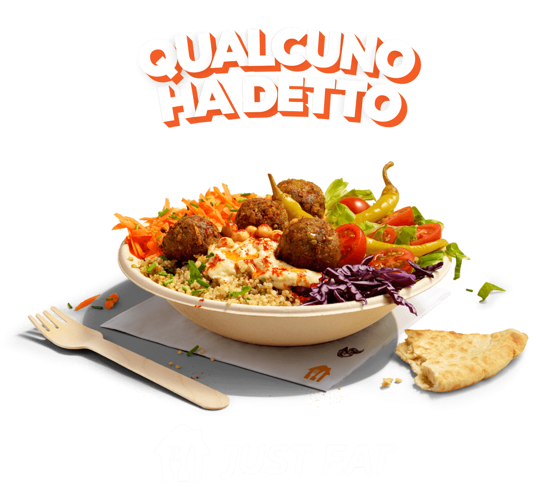 Grafica di QUALCUNO HA DETTO sopra una ciotola di falafel e verdura su sfondo arancione con logo Just EAT sotto